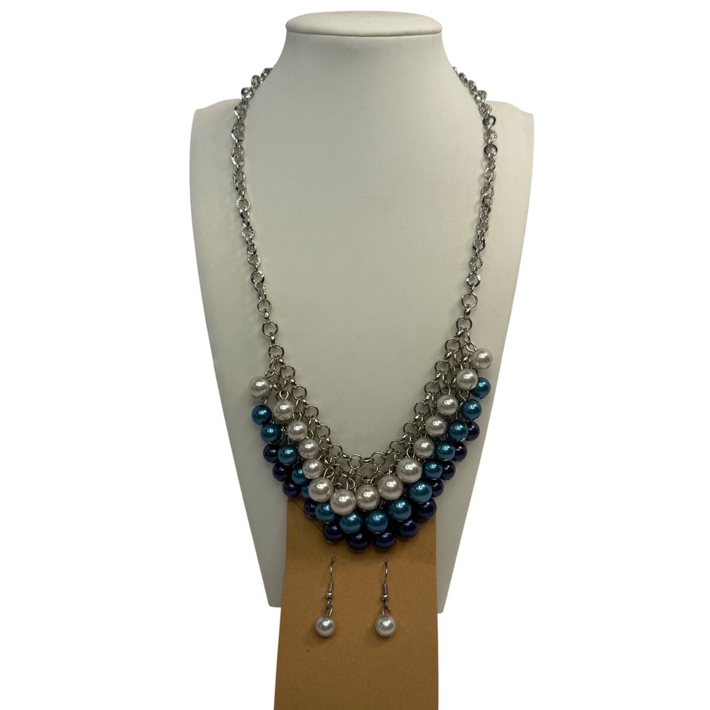 Silver Tone Faux Pearl Bib Statement Necklace & Earring Set Teal Blue Resortwear